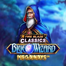 Slots logo of Fire Blaze Blue Wizard Megaways from Rarestone Gaming at Hugo Casino