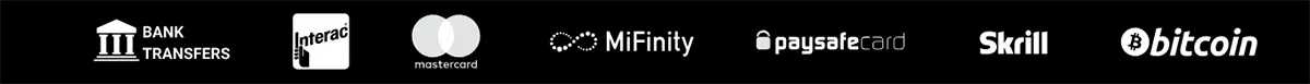 Horizontal casino payment methods strip on a dark background displaying supported transaction options as monochrome logos, including Bank Transfers, Interac, Mastercard, MiFinity, Paysafecard, Skrill, and Bitcoin, arranged in a single row to highlight available deposit and withdrawal methods on the platform.