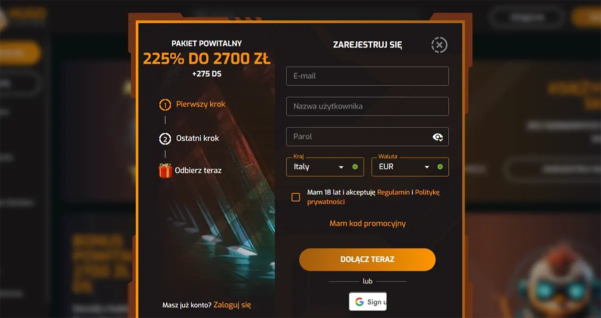 Polish-language casino registration popup interface promoting a welcome package of 225% up to 2700 zł plus 275 free spins, displayed in a dark orange-themed modal window. The form includes fields for email, username, password, country selection, and currency, along with a checkbox confirming acceptance of the terms and privacy policy, a “Dołącz teraz” (Join Now) registration button, an optional promo code field, and a Google sign-in option, with a step-by-step bonus guide shown on the left side.