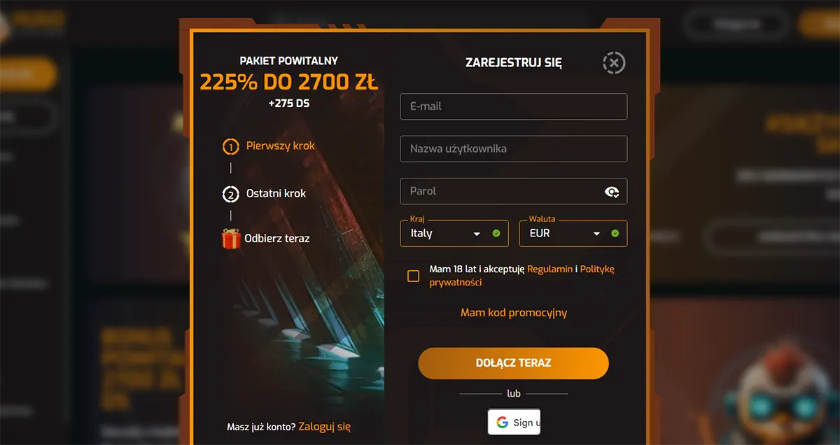 Polish-language casino registration popup interface promoting a welcome package of 225% up to 2700 zł plus 275 free spins, displayed in a dark orange-themed modal window. The form includes fields for email, username, password, country selection, and currency, along with a checkbox confirming acceptance of the terms and privacy policy, a “Dołącz teraz” (Join Now) registration button, an optional promo code field, and a Google sign-in option, with a step-by-step bonus guide shown on the left side.
